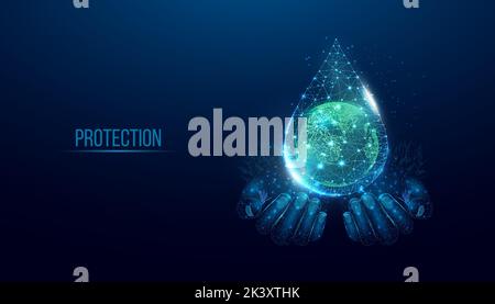 Deux mains humaines sont tient la planète Terre dans la goutte d'eau. Journée mondiale de l'eau, protection de l'environnement, concept d'écologie. Illustration de Vecteur