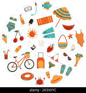 Jeu de vêtements d'été, fruits, articles de plage et de vacances, animaux marins parfaits pour les autocollants, le web design, les affiches, les cartes, le lo Illustration de Vecteur