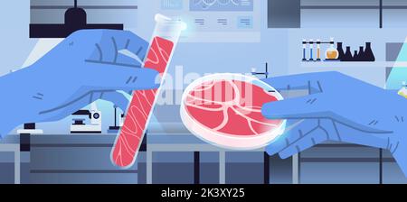 les scientifiques tiennent des tubes à essai avec de la viande brute rouge de culture à partir de cellules animales artificielle de production de viande en laboratoire Illustration de Vecteur