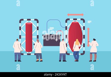 scientifiques contrôlant la viande brute rouge cultivée à partir de cellules animales concept de production de viande artificielle en laboratoire Illustration de Vecteur