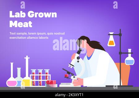 scientifique au microscope analysant la viande brute rouge cultivée à partir de cellules animales production artificielle de viande en laboratoire Illustration de Vecteur