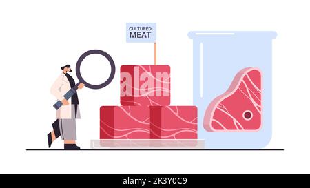 un scientifique analysant la viande brute rouge de culture à partir de cellules animales artificiel en laboratoire de production de viande Illustration de Vecteur