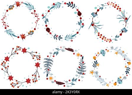 Ensemble de couronne de Noël avec fleurs, feuilles, baies rouges, étoiles et autres. Couronne d'hiver pastel pour cartes de vœux, affiche, carte postale, bannière. Vecteur. Illustration de Vecteur