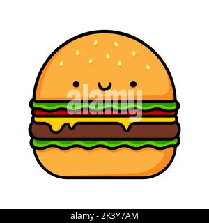 Image de dessin animé d'un joli hamburger souriant. Illustration des aliments. Illustration vectorielle. Illustration de Vecteur