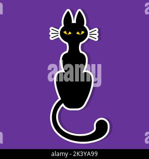 Autocollant d'un chat noir avec des yeux jaunes sur fond violet. Image d'Halloween. Illustration vectorielle Illustration de Vecteur