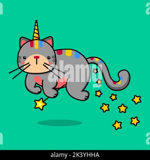 Image d'un chat unicorn volant avec baguette magique et étoiles. Illustration vectorielle Illustration de Vecteur