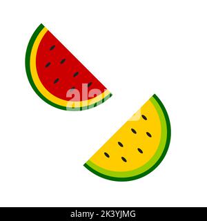 Pastèque et tranches juteuses, feuilles vertes et illustration vectorielle de fleur de pastèque jaune en forme plate. Illustration du concept alimentaire d'été isolée sur fond blanc. Illustration de Vecteur