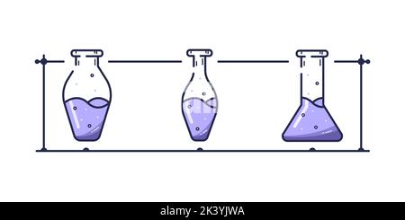 Flacons de chimie en verre. Jeu de trois tubes en verre différents. Illustration de Vecteur