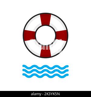 Illustration d'une bouée de sauvetage, avec des bandes rouges et blanches, et des vagues bleues sur fond blanc. Image vectorielle. Illustration de Vecteur
