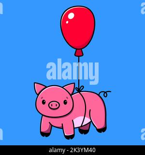 Jolie image de dessin animé. Un cochon avec une corne de licorne vole sur un ballon rouge. Illustration vectorielle Illustration de Vecteur