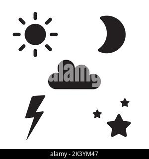 Illustration vectorielle des silhouettes noires du soleil, des étoiles et de la lune, du nuage et de la foudre. Icônes de couleurs sombres sur fond blanc. Illustration de Vecteur