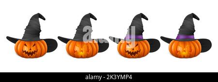 Ensemble de citrouille d'Halloween Vector avec chapeau de sorcière. Mignon Jack-o-lanternes, visage de citrouille sculpté pour invitations, cartes, emballage, emballage, bannières Design. 3d Illustration de Vecteur