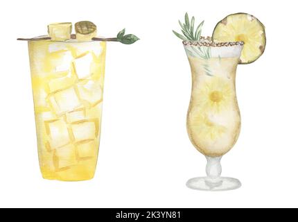 Ensemble d'illustrations pour cocktail à la main aquarelle avec ananas. Boissons pour menu, carte, carte postale, bannière, affiche. Imprimé nourriture et boissons Banque D'Images