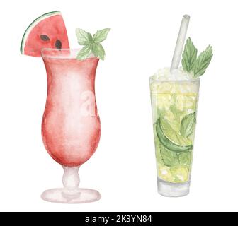 Ensemble d'illustrations pour cocktails à la main aquarelle avec pastèque et citron vert. Boissons pour menu, carte, carte postale, bannière, affiche. Nourriture et boissons p Banque D'Images