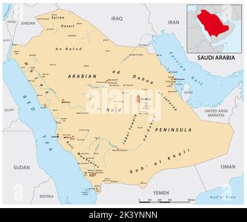 Carte vectorielle détaillée du Royaume d'Arabie saoudite Banque D'Images