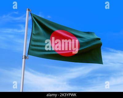 Magnifique drapeau du Bangladesh agitant dans le vent avec fond de ciel - 3D illustration - 3D rendu Banque D'Images