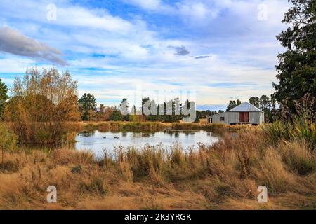 Un petit lac et un hangar en fer ondulé sur une ferme de moutons dans la région d'Otago, île du Sud, Nouvelle-Zélande. Photographié en automne Banque D'Images