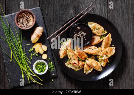 gyoza frit, wonton wrappers farcis de porc et de chou arrosé d'oignons verts sur plaque noire avec sauce soja sur table en bois sombre avec ingredi Banque D'Images