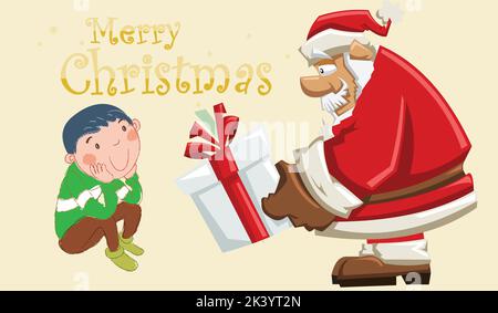 Un beau dessin du Père Noël donnant un cadeau à un garçon avec le texte « Joyeux Noël » Illustration de Vecteur