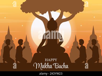 Happy Makha Bucha modèle de jour dessin à la main dessin à la main dessin à la main dessin à plat Illustration Bouddha assis dans la fleur de Lotus sous l'arbre de Bodhi la nuit entouré par Monk Illustration de Vecteur