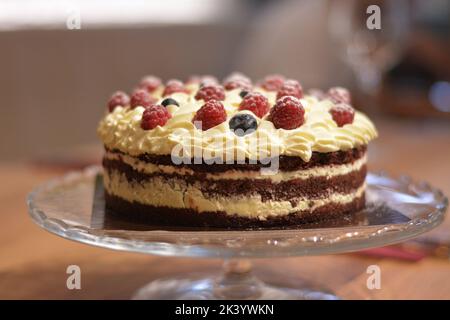 Gâteau au chocolat à la vanille, recouvert de glaçage au fromage blanc et de morceaux de framboise. Banque D'Images