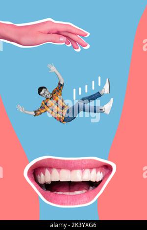 Photo verticale collage illustration de la grande main jeter dans l'abîme funky homme positif tombant dans la bouche isolé sur fond bleu Banque D'Images