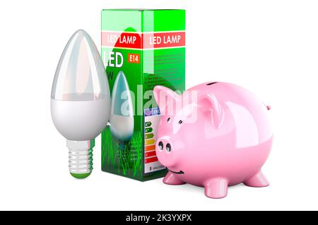 Lampe LED à économie d'énergie avec banc de piggy. Concept d'économie d'énergie. 3D rendu isolé sur fond blanc Banque D'Images