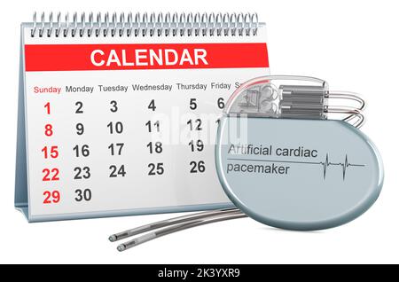 Stimulateur cardiaque artificiel avec calendrier de bureau, rendu 3D isolé sur fond blanc Banque D'Images
