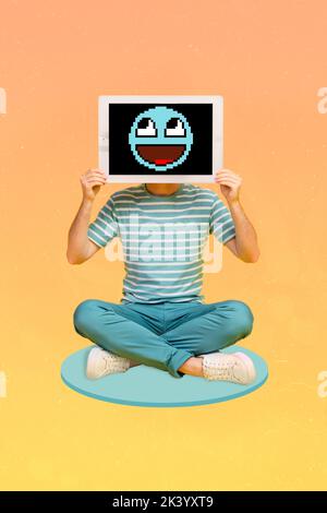 Image de collage vertical de la personne assise mains tenir pomme pad tablette au lieu de la tête souriante écran emoji isolé sur le fond de dessin Banque D'Images