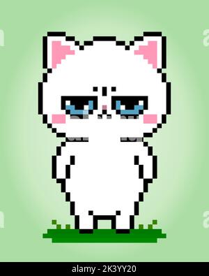 Pixel 8 bit Angry White Cat. Animaux pour les ressources de jeu dans l'illustration vectorielle. Illustration de Vecteur