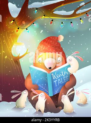 Bear Reading Book to lapins Winter Forest Night Illustration de Vecteur