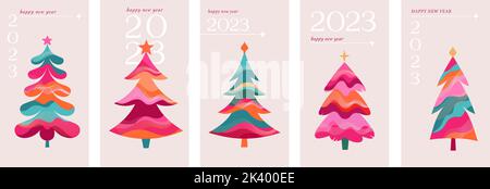 Arbres de Noël colorés Happy Year 2023 modèles de cartes de vœux Illustration de Vecteur