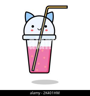 Verre avec cocktail rose. Verre avec oreilles de chat. Verre souriant. Illustration vectorielle Illustration de Vecteur