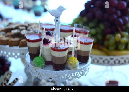 Pudding en couches avec du cacao, des fraises, de la crème fouettée, du cappuccino et des fruits combinés avec du fondant sur un bâton Banque D'Images