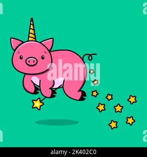 Image d'un cochon rose licorne volant avec baguette magique et étoiles. Illustration vectorielle Illustration de Vecteur