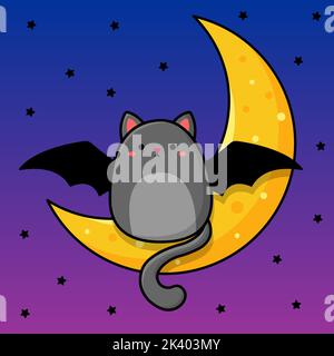 Image de dessin animé d'un chat gris qui se trouve sur la lune. Illustration vectorielle pour Halloween. Chat gris gras avec ailes de chauve-souris. Illustration de Vecteur