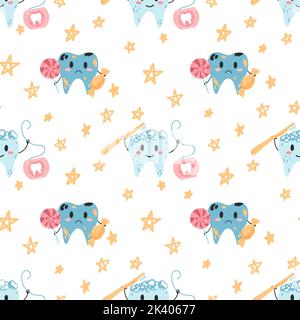 Motif sans couture avec caractères de dents kawaii dessinés à la main dans un style de dessin animé plat. Illustration vectorielle de l'arrière-plan des enfants de dessins animés pour papier d'emballage, Illustration de Vecteur