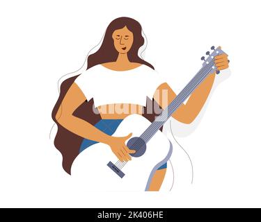 Portrait de la jeune femme en été jouant de la guitare. Dessin animé style vectoriel Illustration de Vecteur