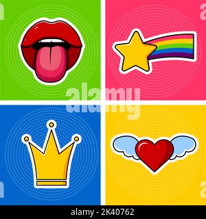 Clip art. bouche ouverte avec langue, couronne jaune, coeur avec ailes et comète arc-en-ciel. Autocollants sur fond coloré. Illustration de dessin animé vectoriel. Illustration de Vecteur