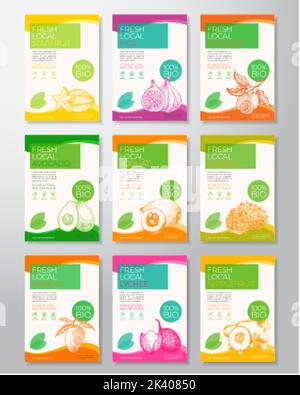 Ensemble de modèles d'étiquettes de fruits tropicaux exotiques frais locaux. Résumé Vector Packaging Design Layouts Collection. Bannière typographique moderne avec dessin à la main Illustration de Vecteur