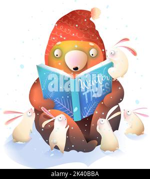 Livre de lecture de l'enseignant d'ours aux lapins en hiver Illustration de Vecteur