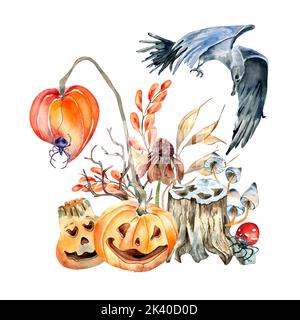 Composition colorée pour Halloween avec illustration d'aquarelle de corbeau isolée sur fond blanc. Fleur sauvage, physalis avec citrouilles, main de mouche agarique Banque D'Images