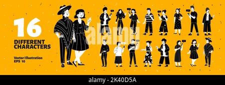 Ensemble de personnages différents, communauté moderne diverse avec des téléphones. Jeunes et adultes hommes ou femmes, adolescents, mariachi mexicains et indiens, Line art vecteur plat noir et jaune illustration Illustration de Vecteur