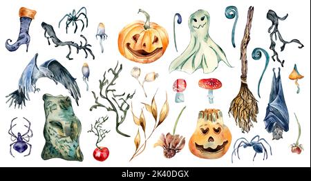 Ensemble de symboles Halloween aquarelle illustration isolée sur fond blanc. Citrouilles, corneilles, pierres tombales, scories, chauves-souris et araignées, mouche agaric main dessinée. Banque D'Images