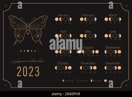 Calendrier lunaire 2023 ans. Modèle de calendrier des phases lunaires. Affiche astrologique de boho avec papillon mystique. Illustration vectorielle vintage Illustration de Vecteur