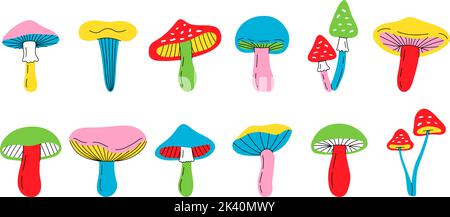 Ensemble d'esquisse de champignon. Bannière de couleur champignons toxiques et comestibles. Différents champignons biologiques. Chanterelle, truffe, miel, agarics, morilles. Illustration de Vecteur