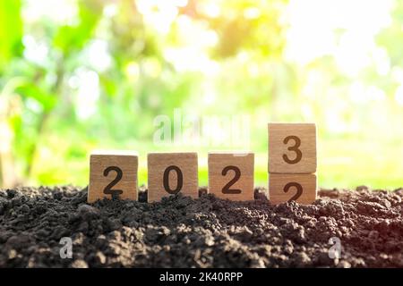 Changement à la main de l'année 2022 à 2023 en blocs de bois cubes avec plante croissante au lever du soleil. Nouvelle année 2023, Hope, bonjour et Au revoir concept. Banque D'Images