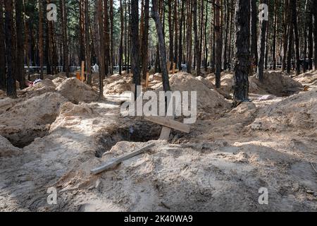 Izyum, Ukraine. 19th septembre 2022. Une croix écrite avec le nombre '125' est vue dans une nouvelle tombe. Un site de sépulture de masse a été trouvé dans la périphérie de la ville ukrainienne orientale, Izyum, région de Kharkiv, qui a été libérée de l'occupation russe il y a deux semaines. Au moins 445 nouvelles tombes ont été trouvées sur le site d'un cimetière existant alors que beaucoup n'ont que des numéros écrits sur la croix en bois. Tous les corps seront exhumés et envoyés pour examen médico-légal mais il a été dit lors des premières enquêtes que certains organes ont montré des signes de torture. (Image de crédit : © Ashley Chan/SOPA Images via ZUMA Press Wire) Banque D'Images