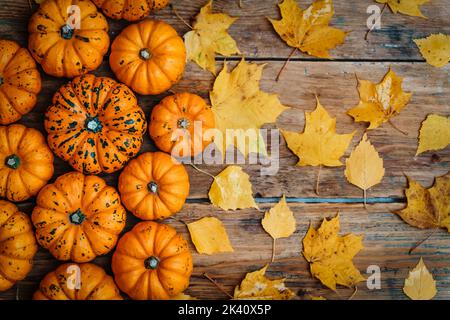 Citrouilles sur fond rustique en bois. Citrouilles jaunes de récolte d'automne sur la table de fête. Vacances d'automne, halloween, fête d'action de grâces, concept alimentaire. Photo de haute qualité Banque D'Images