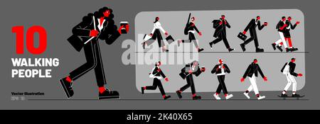 Ensemble de personnes marchant, divers personnages de passage marchent. Touriste avec appareil photo, coursier, homme d'affaires avec tasse de café, adolescent avec guitare, étudiant sur skateboard, illustration vectorielle plate Line art Illustration de Vecteur